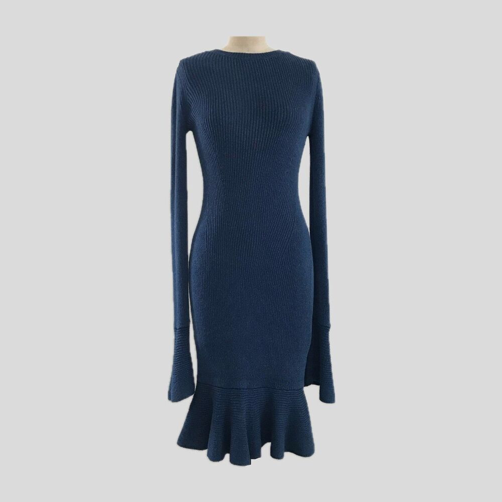 Intermix Blue Stretch Knit Long Sleeve Ruffle Midi Cotton Sweater Dress  XS
